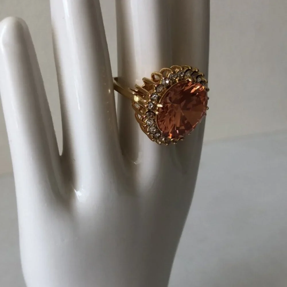 Cocktail Ring Gold Plated w Round Champagne Stone & Surround CZ Stones Sz.7.25